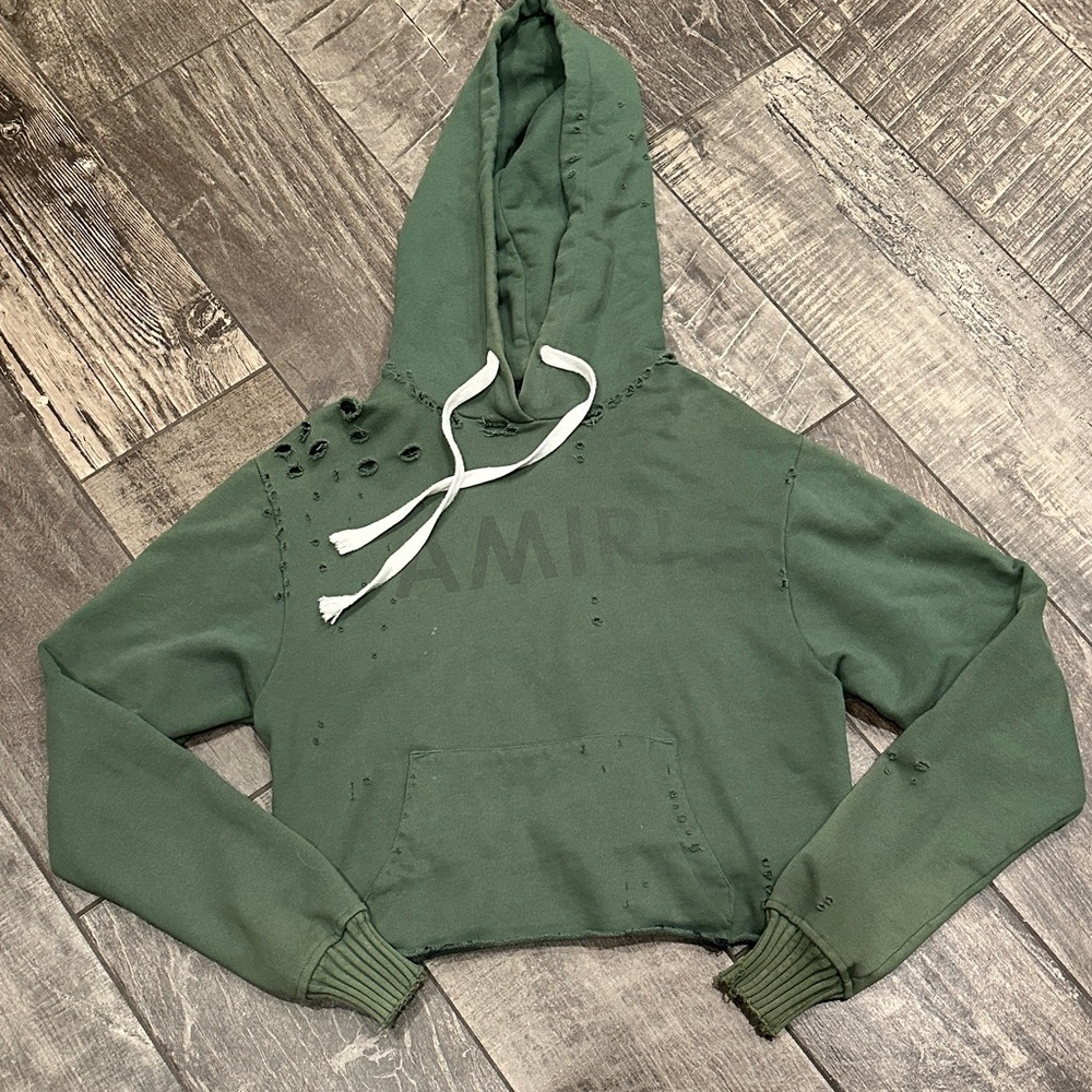 AMIRI Women’s Green Distressed Hoodie 36 Cropped